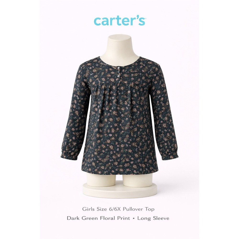 Carters Kid Girls Navy Blue Pink Floral Henley Long Sleeve Blouse Top Size 6/6x